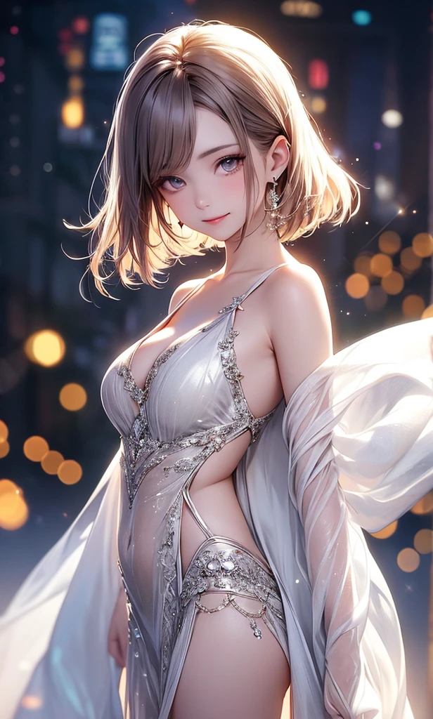 Please follow all prompts below exactly and faithfully. This is a breathtaking masterpiece of digital illustration, with maximum resolution, UHD, 512K, 2160p, 10 million ppi, 300 million dpi, natural color tones, ultra sharp details, perfect outlines with contrast, **most realistic skin and hair textures**, most beautiful detailed eye features, perfect anatomically correct human body, beautiful background with depth, rule of thirds, depth of field, Maximize all element is used to its full potential to create the best digital illustrations, 
A very sexy and elegant woman with a perfect body style, a beautiful sharp face, slim figure, gravity-defying large breasts, beautiful green eyes, (shiny blonde shaggy cut short hair covering one eye), glossy, sensual, very glossy thick lips with striking pink lipstick.
shiny clothes, pelvic curtain dress, 