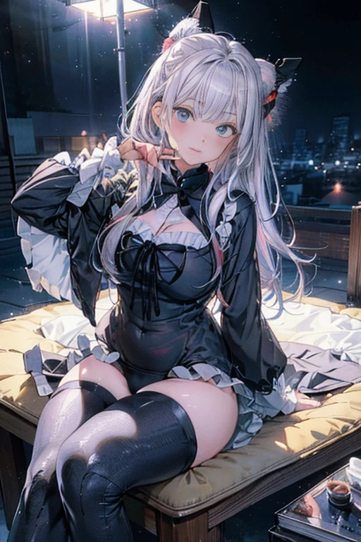 Highest quality,Highest Resolution,Beautiful girl in gothic leotard,High leg,whole body,front,Very beautiful eyes,Bedroom,Night view outside the window,Knee-high stockings,