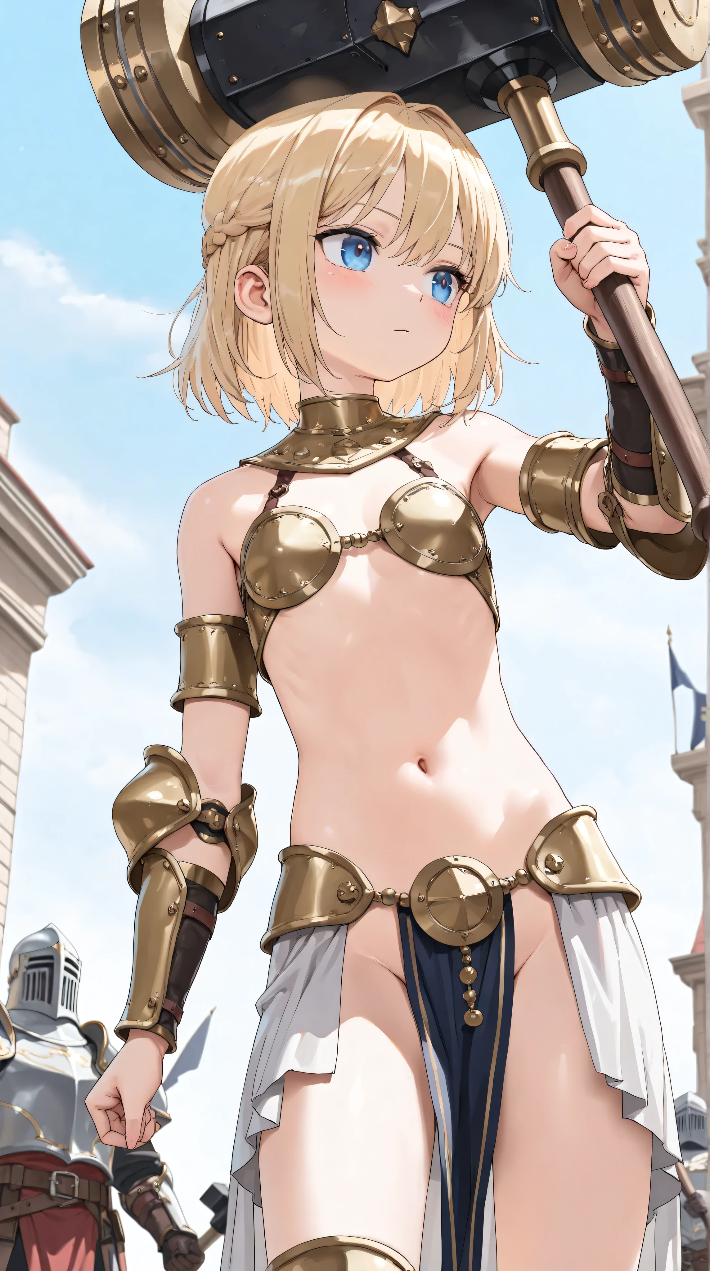 (masterpiece:1.2), (highest quality:1.2), perfect eyes, perfect face, perfect lighting, middle ages, grassland, Rock Shade, , 1boy, blonde, red eye, ((((((hair over one eye)))))), a braid, spiked hair, blunt bangs, bub hair, Ahoge,, (((white bikini armor))), cute eyes, , ((glaring)), (((disdain))), , ahegao, abs, Small breasty your sword, Holding a round shield, skirt Knee socks, scared, Sweat, open mouth