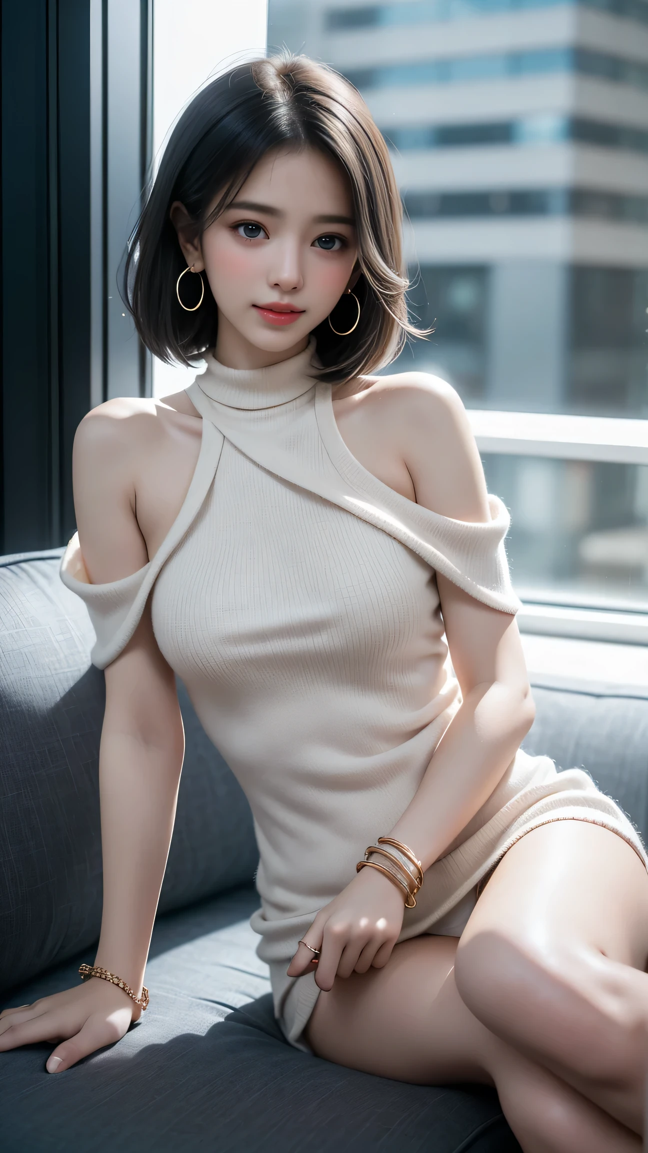 (masterpiece:1.3), high resolution, ultra detailed, extremely detailed CG unity 8k wallpaper, realistic, photo-realistic, RAW photo, beautiful detailed face, pale skin, realistic glistening skin, detailed cloth texture, detailed hair texture, Perfect body, Beautiful Face, accurate, Anatomically correct, Highly detailed face and skin texture, natural neck length, (beautiful hands),
BREAK,
Detailed eyes, symmetric eyes, Light Brown eyes, Double eyelids, Thin eyebrows, (Sexy Lips:1.3), (Glossy lips:1.4),
BREAK,
(Classy and Cute girl:1.3), ((wearing a sleeveless high neck halter neck white knitted dress:1.3)), (firm breast, nicely shaped breasts, slender figure:1.1), firm abs, (A face with waiting for a kiss:1.2), (smile:1.1), (blonde hair, Multicolor short hair, ((swept bangs:1.2)),
BREAK,
(Sitting opposite with Drinking cold drink in the stylish cafe:1.2), (Focus on face:1.2), (Cowboy shot), looking at viewer, (from front:0.65),