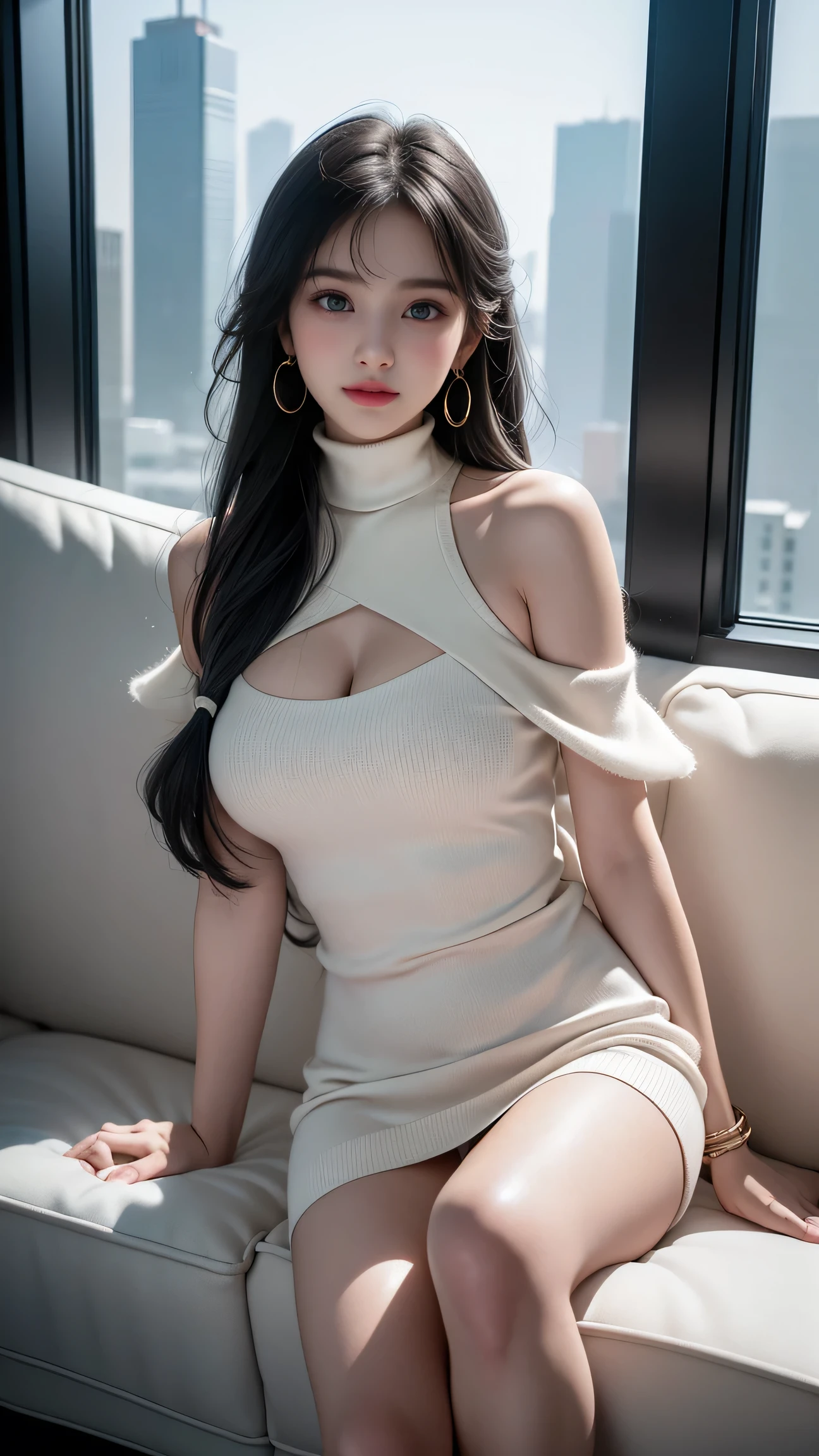 ((Top Quality、16K、masterpiece:1.3))、a tall and beautiful woman、Perfect Figure:1.4、(gothic aesthetic) Slim Abs、(goth girl) black hairstyle、long hair、No postural movement、Stand up straight、Huge bust、Highly detailed facial and skin texture、(A detailed eye, Symmetry Eyes, Clear realistic eyes, Double eyelidd、Cold-stricken face、Symmetrical face), pale-white skin (illuminated, realistic shading sound), goth makeup, Royal sisters full of fans、The Telegraph Esbian、peach buttocks、(black gothic Knit Dress, Very Tight Knit), cleavage, squart、(Raw foto:1.2)、((Photorealcitic:1.4))Top Quality、masterpiece、Real Photography、very delicate and beautiful.、super detailed CG、Unity、8K photo wallpaper、delicate detail、best qualtiy、Highly detailed CG unity 8k wallpaper、absurderes、Incredibly Absurd、huge file size、extremely highly detailed、Hight Resolution、ighly Details、Beautiful detail girl、extremely detailed eyes and face、beautiful delicate eyes、Facial light、cinematic lightings、(big hips, thick thighs, beautiful legs, black pantyhose) 1girll、see -through,Watch your audience, Plane Air, high ponytail、ulzzang-6500、The Telegraph Esbian, different poses at different angles,