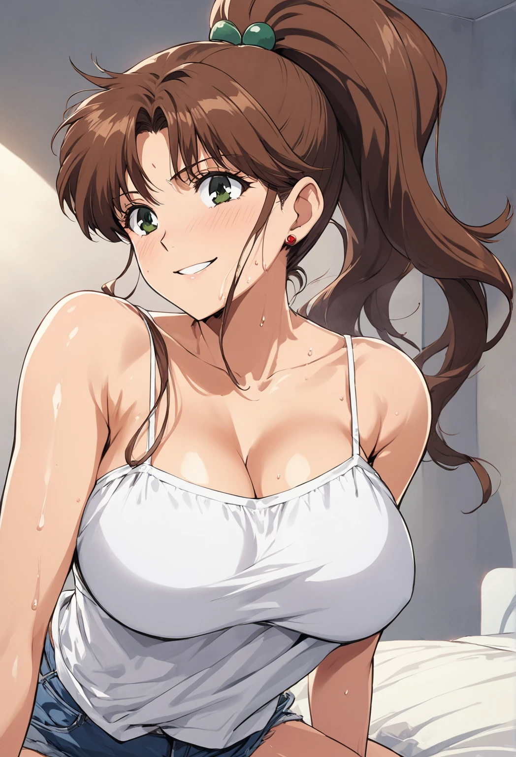 masterpiece, Highest quality, High resolution, (Makoto Kino),1990s \(style\),height: 175cm, Brown long hair,ponytail、 sexyな長い脚, Oversized camisole,No bra,Shorts, Bedroom,(E-cup beautiful breasts)、Sweating all over the body、vapor、Muscular、sexy、Face writhing in pleasure、Sweaty、Configuration from the front、smile、look up,Semen splattered on face、Anime-style painting style,Composition focusing on the upper body