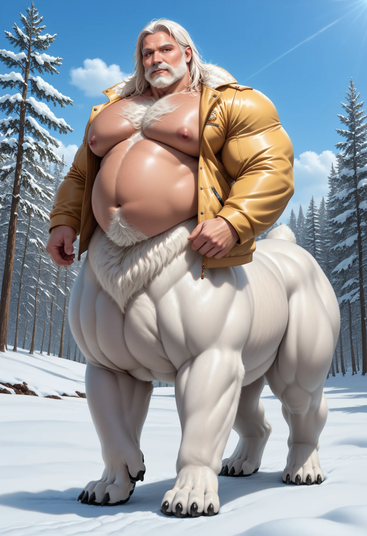 (((Two chubby centaur))), ramdom any place, big hooves, bright white fur, white hair centaur, (((anatomically correct centaur))), docked tail, human face, human nose, human eyes, wide equine hips, thick thighs, male, raised tail, anatomically holding the tail, epic skin, epic fur, hyperrealistic, hyperrealistic skin human, hyperrealistic skin, hyperrealistic human nose, hyperrealistic human body human, hair hyperrealistic, hyperrealistic face, (((erection penis)))