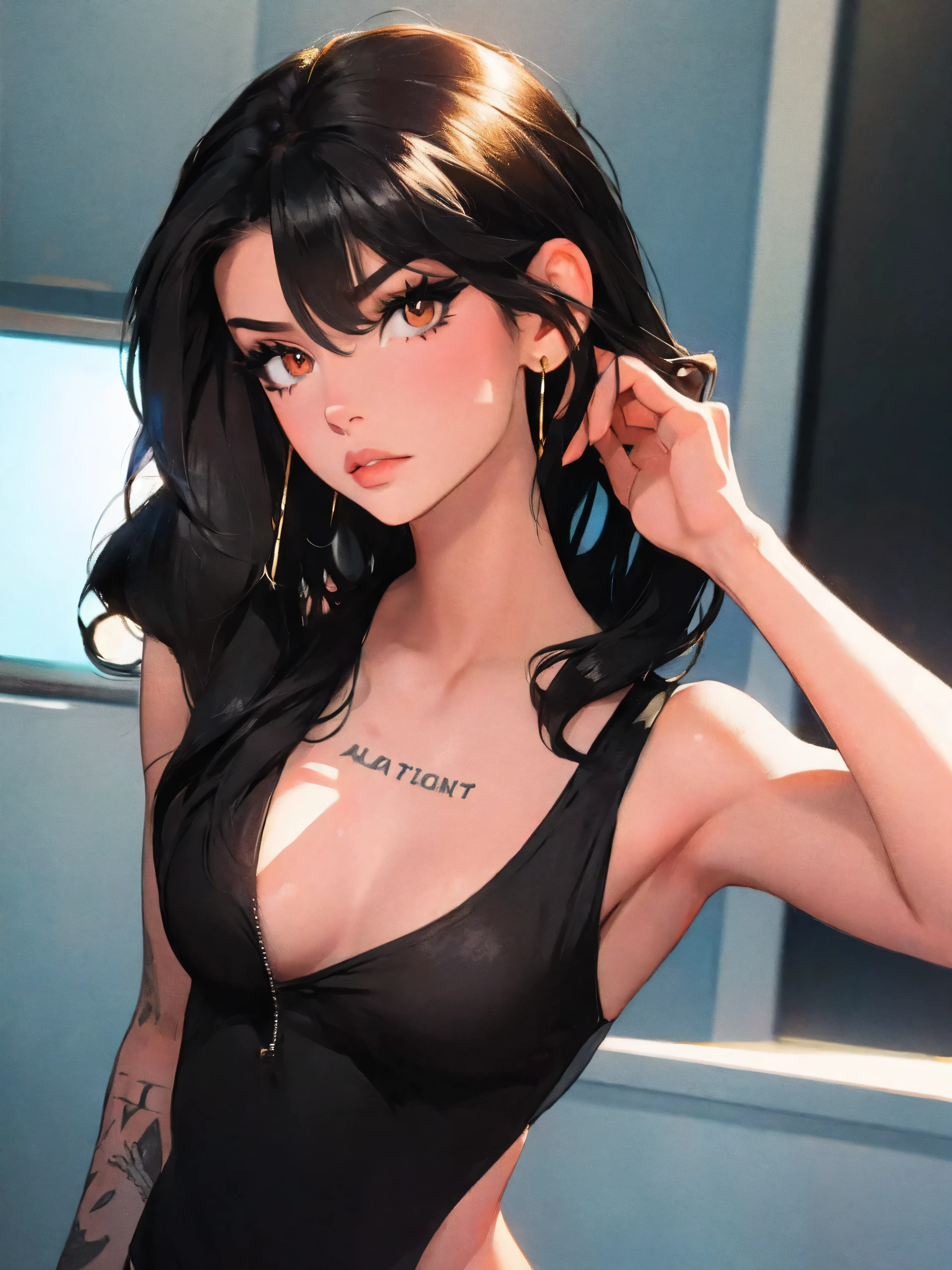 ((((masterpiece)))), high quality, very_high_resolution, large_filesize, full color, bikini, gold eyes, black hair, rainbow hair, silver bracelet, Cuban link necklace, cute, adorable, beautiful, high contrast, colorful, 5 fingers, slim body, jewelry, long hair, pony tail, hoop gold earrings,