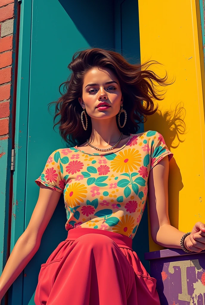 Featuring a dynamic and confident woman，She wears bold makeup，Wear colorful T-shirts, Bare shoulders, Ruffled sleeves, neck ribbon，Jewelry Earrings, Long hair, Looking at the audience, Bangs, Low rise denim shorts, Over the knee boots,Surrounded by vintage flower motifs, Vibrant brushstrokes, Self-deconstruction, Surreal Vaporwave Aesthetics, Threshold space, Negative Space，Pop Art, (Quilted Paper Art), Edge lighting、Octane Rendering、(Clear lines, HD,best quality, masterpiece, 4K ),