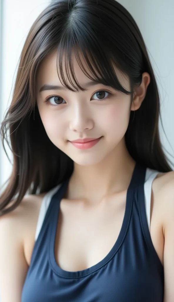 masutepiece, Best Quality, 8K, 15yo student, Teen, Raw photo, absurderes, award winning portrait, Smile, Smile, Solo, Night, neons, Idol face, violaceaess, gardeniass, Delicate girl, Upper body, Digital SLR, Looking at Viewer, Candid, Sophisticated, zora々Right, Thin arms, Professional Lighting, Film grain, chromatic abberation, (Eyes and faces with detailed:1.0), (Bokeh:1.1)