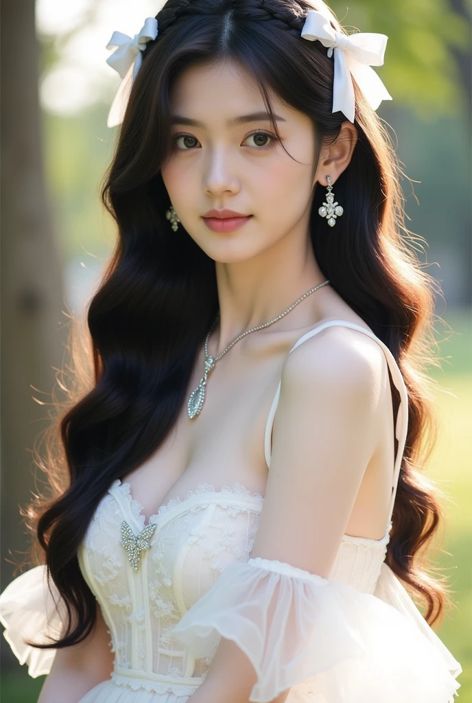 Beautiful woman with perfect body：1.4，Prominent cleavage，Layered Hairstyle，Highly detailed face and skin textures，Double eyelids，Skin Whitening，Long hair，Whitened long legs，Half chest wedding dress