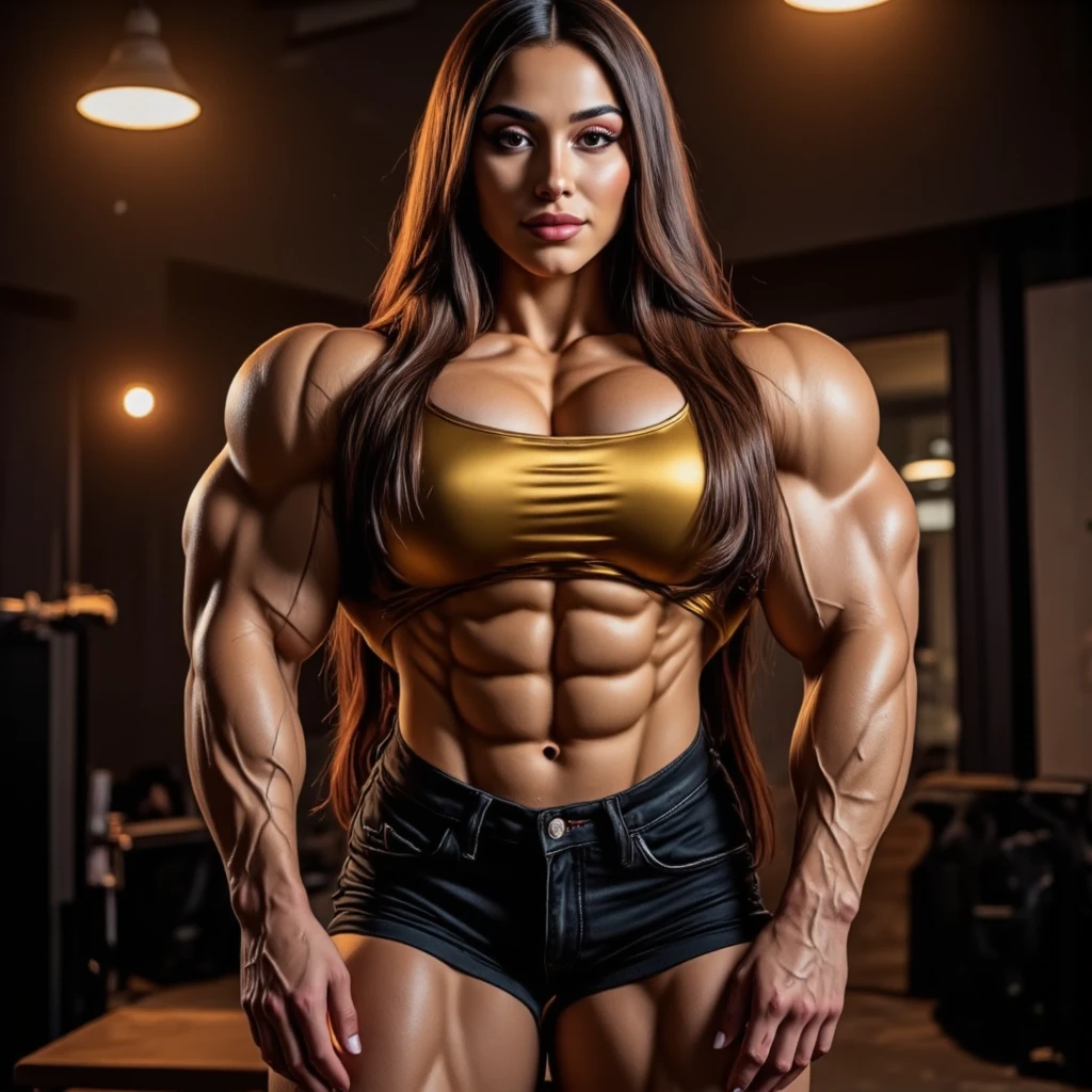 Hyper-realistic, 3/4 body view, very stunningly gorgeous and huge perfect shapely muscle girl with long majestic brown hair, smiling, sultry eyes closed, incredibly slim-thicc, curvy muscles, wearing tight golden tanktop, black denim shorts, detailed eyes, nose, and lips, most unbelievably hot and gorgeous Latina girl, most gorgeous possible female face, stunning heavy makeup,  face, (best quality,4k,8k,highres,masterpiece:1.2),ultra-detailed,(realistic,photorealistic,photo-realistic:1.37),HDR,studio lighting,extremely detailed face, portrait,cinematic lighting,dramatic lighting,warm color tones,dramatic colors