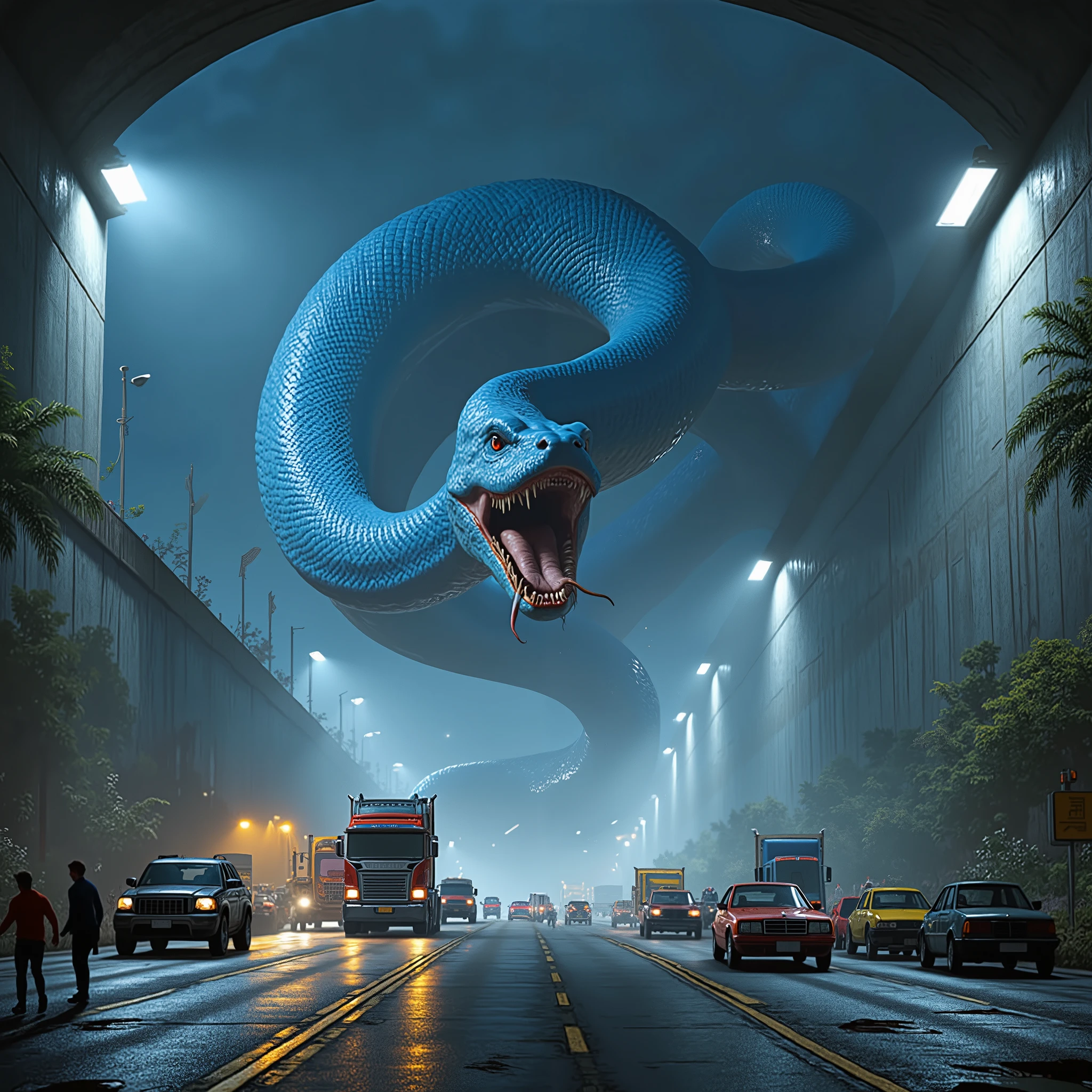 netflix movie screencap, giant-sized humanoid blue snake crawling through a confined highway tunnel, the gallery is illuminated by lights on the ceiling, with microscopic cars and trucks, wide-angle perspective emphasizing humanoid giant size. The giant humanoid blue snake's back is bent and bent to be able to enter and pass the tunnel, some cars under the weight of the knees and hands are crushed and destroyed. microscopic people run away in panic to the exit of the tunnel. dramatic and smoky atmosphere