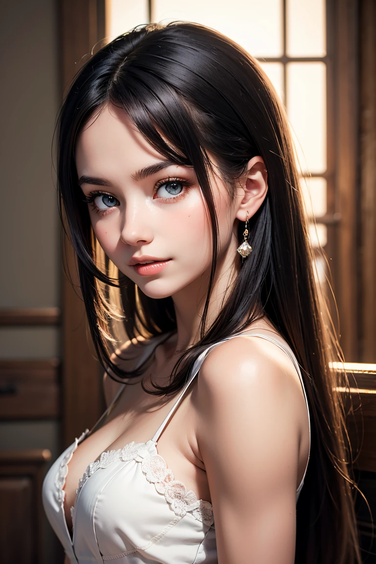 Female((30 ans)), cheveux((long, wavy, noir)), yeux((Des yeux intelligents, contact avec les yeux noirs)), ((lingerie, bleu, bleu clair)), accessoires ((earrings)), gros seins: 1.3, Sein gigantesque, Korean makeup, Chambre, Ciel nocturne, extase/Expression orgasmique, position de pose, Haut les mains, Aisselles,