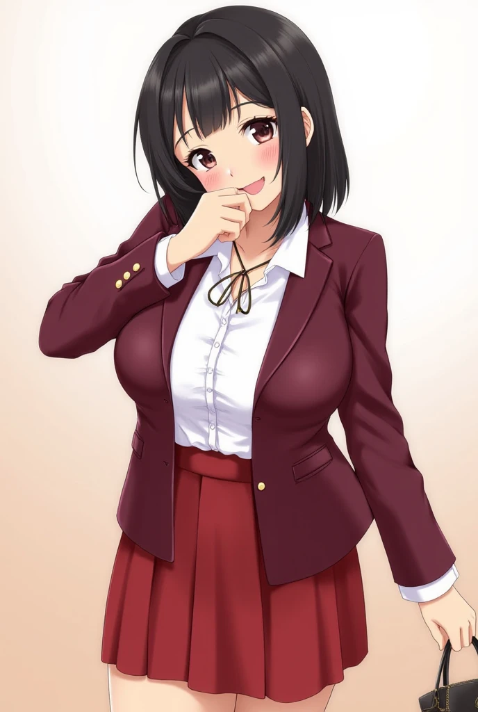 1 hot girl, dark hair, black eyes, grin, gorgeous, black pantyhose, short bob, japanese school girl, large breasts