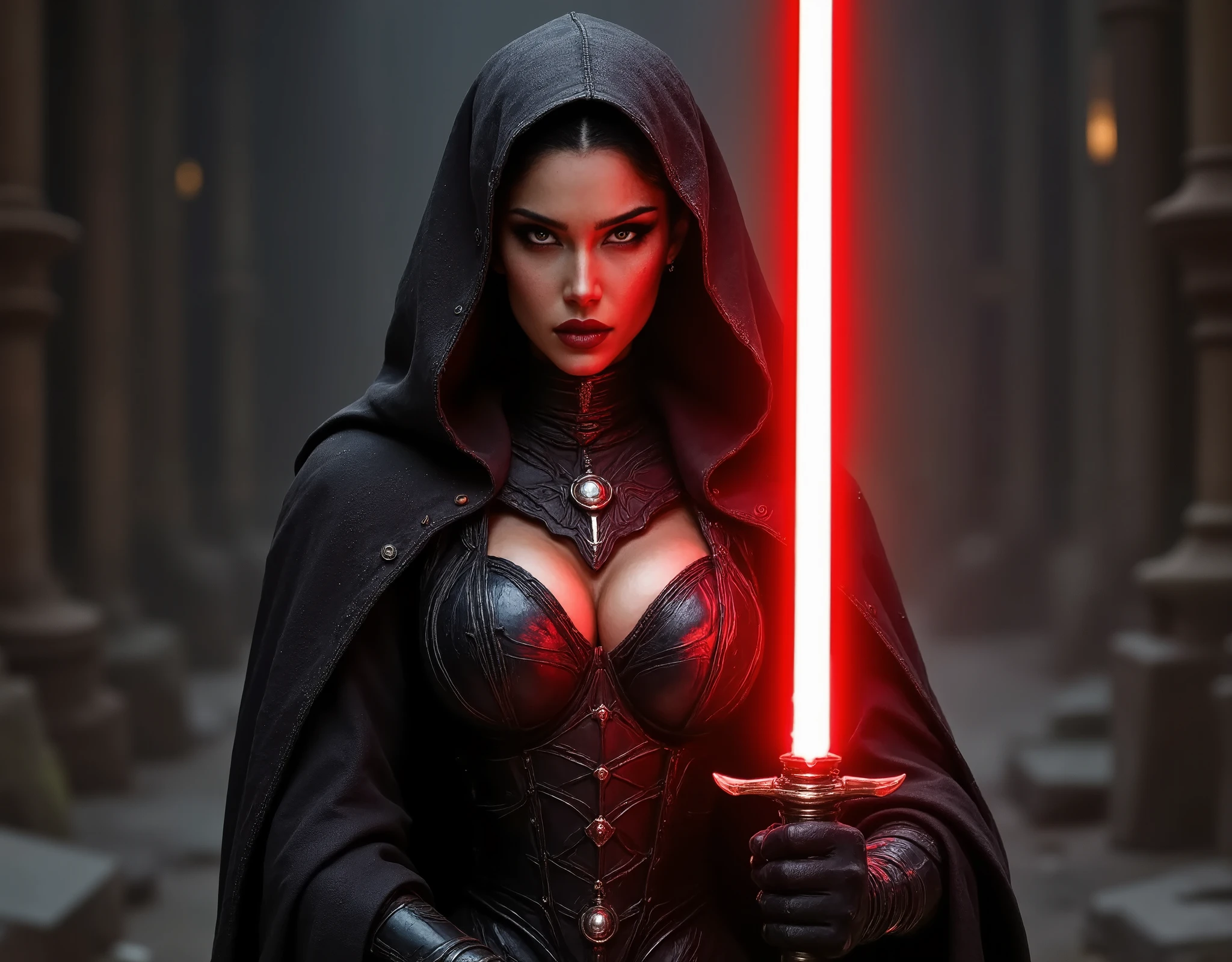 full body shot, female warrior, sith lord, star wars, red lightsaber, intricate details,beautiful detailed eyes, beautiful detailed lips, extremely detailed face, long eyelashes, evil look, diabolic, dramatic lighting, dark fantasy, chiaroscuro, cinematic composition, dramatic pose, dynamic action, moody atmosphere, deep shadows, vibrant colors, photorealistic, 8k, masterpiece