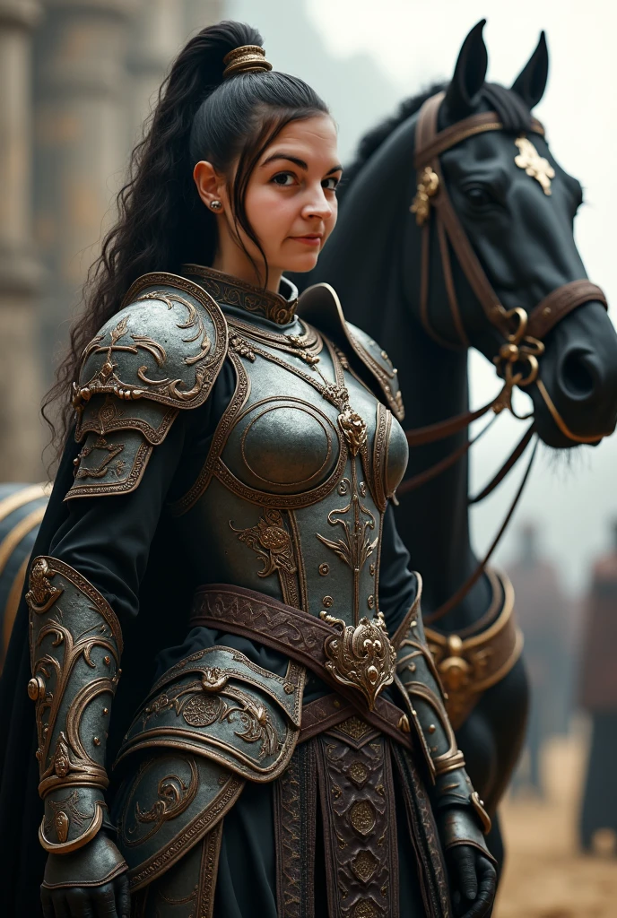 A centaur, cute yuna torso, wearing fantasy warrior sexy chain mail, lower body sleek black horse, low view looking up at her, centaur strong imperious pose, best quality, 4k, 8k, highres, masterpiece:1.2, ultra-detailed, realistic, photorealistic, photo-realistic:1.37, HDR, UHD, studio lighting, ultra-fine painting, sharp focus, physically-based rendering, extreme detail description, professional, vivid colors, bokeh, fantasy, concept art, dramatic lighting, dramatic pose, intricate details, detailed armor, detailed facial features, beautiful detailed eyes, beautiful detailed lips, extremely detailed eyes and face, long eyelashes, chiaroscuro, cinematic lighting, dramatic shadows, warm color tones

