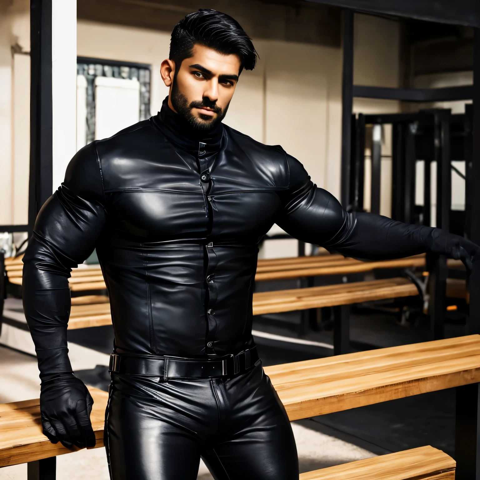 Age 30,1 man、muscular、black turtleneck shirt、Short Hair。Short Hair、 arabic face　  Upper Body Lift　 black gloves　Combatant　 handsome man、 black leather pants。bench
