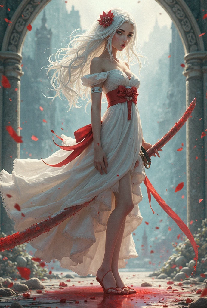 Sinestrea in Arena of Valor.A girl with white hair,red eyes,white dress,red bow and sleepy eyes.Hold a blood sword