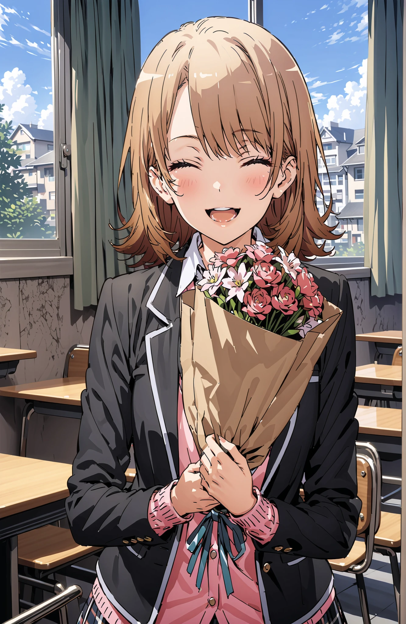 Irohaisshiki, Ishizaki Iroha, solo,short hair,close your eyes,brown hair,smile,blush,open your mouth,skirt for ears, shirt, ribbon, uniform, jacket, white shirt, opens clothes, open jacket, black jacket, plaid, plaid skirt for ears, blazer, cardigan,pink cardigan, black high socks,sobu high uniform,Holding a bouquet of flowers with both arms,is standing, Beautiful Streetscapes,window,curtains,machine,chairs,noon,全身がillustrationsに入るように,break indoors, Classroom,
break (masterpiece:1.2), top quality, high resolution, Unity 8k 壁紙, (illustrations:0.8),Highly Detailed Faces, perfect lighting on the table, extremely detailed CG, (perfect hand, perfect anatomy),