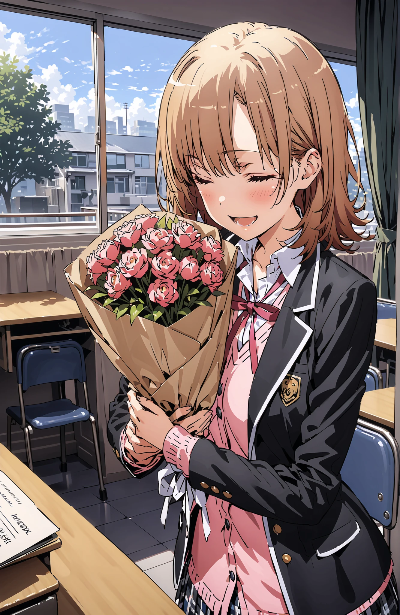 Irohaisshiki, Ishizaki Iroha, solo,short hair,close your eyes,brown hair,smile,blush,open your mouth,skirt for ears, shirt, ribbon, uniform, jacket, white shirt, opens clothes, open jacket, black jacket, plaid, plaid skirt for ears, blazer, cardigan,pink cardigan, black high socks,sobu high uniform,Holding a bouquet of flowers with both arms,is standing, Beautiful Streetscapes,window,curtains,machine,chairs,noon,全身がillustrationsに入るように,break indoors, Classroom,
break (masterpiece:1.2), top quality, high resolution, Unity 8k 壁紙, (illustrations:0.8),Highly Detailed Faces, perfect lighting on the table, extremely detailed CG, (perfect hand, perfect anatomy),