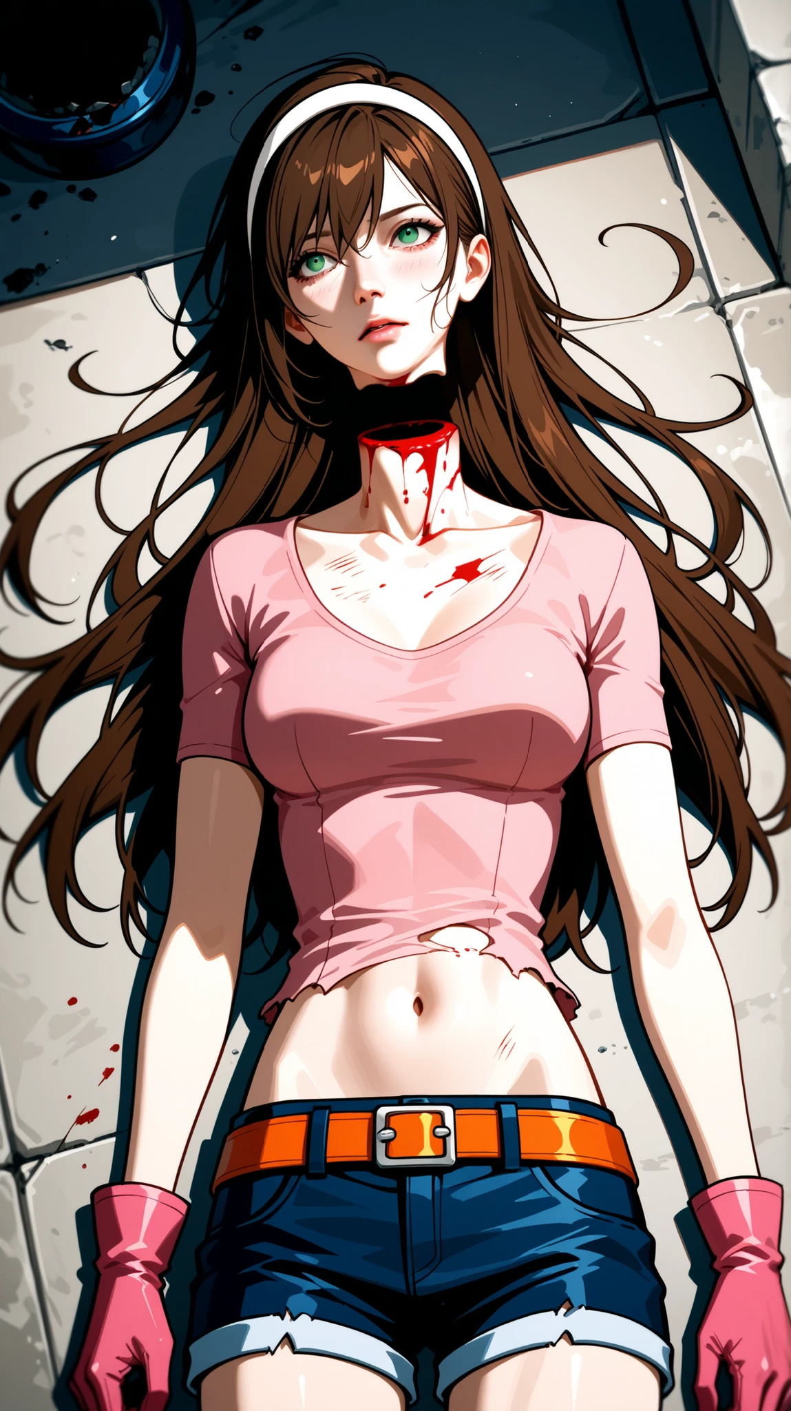 Half-body view of a beautiful woman with long brown hair and full spiky bangs, green eyes, beheading, decapitated head, bloody neck, severed neck, medium chest, her body is full of scratches, wear a white hairband, wear ruined clothes, wear a fit pink leather shirt with short-sleeves and scoop neck, wear a dark blue leather shorts with orange leather belt, pink gloves, her shirt is cut to expose her midriff with deep navel, front view, killed, lying down on ground, ground background, realistic