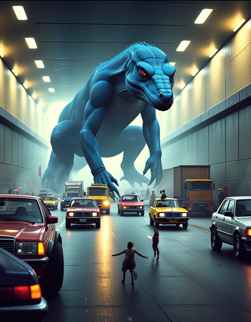 netflix movie screencap, giant-sized anthropomorphic blue lizard /(arms and legs like a human, mesnek)/ crawling through a confined highway tunnel, the gallery is illuminated by lights on the ceiling, with microscopic cars and trucks, wide-angle perspective emphasizing humanoid giant size. The giant anthropomorphic blue lizard's back is bent and bent to be able to enter and pass the tunnel, some cars under the weight of the knees and hands are crushed and destroyed. microscopic people run away in panic to the exit of the tunnel. dramatic and smoky atmosphere. (people run away in panic:1.8)
