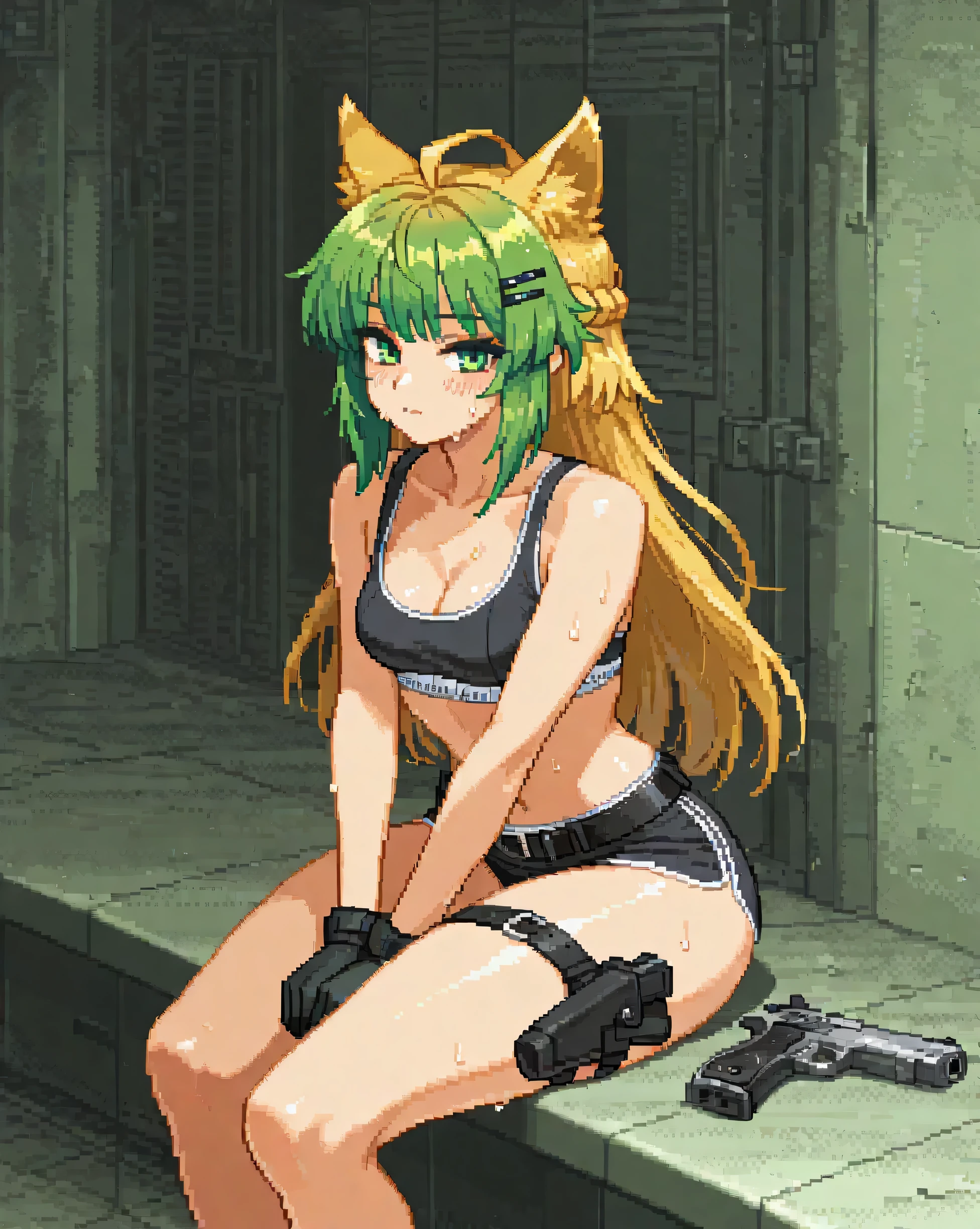 1girl, alternate costume, animal ears, belt, black bra, black gloves, black sports bra, blush, breasts, cat ears, cleavage, collarbone, colored inner hair, extra ears, gloves, gun, hair ornament, hairclip, hahandgun, holster, holstered, invisible chair, breasts, looking at viewer, multicolored hair, navel, sitting, solo, sports bra, stomach, sweat, underwear, utility belt, v arms, weapon, indoors, atalanta, no smile, csp2pixel,, pixel art, pixels, green hair, blonde hair, two-tone hair, long hair, small breasts, Calvin Klein, thick thighs, magazine pouch, belt, micro shorts