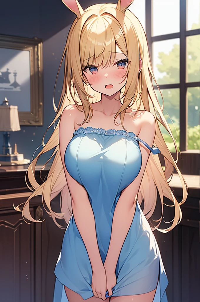 Anime Women、solo、Very tall woman、Long Hair、Blue Eyes、Blonde、Thick eyebrows、clothing:Blue bra、Blue Panties、Big Breasts、A woman with very large breasts、cleavage、Break indoors、bra with an blue、panty with an blue、classroom、bra and panty only、looking at viewer、(Cowboy Shot:1.5)、masterpiece、highest quality、High resolution、unity 8k wallpaper、(figure:0.8)、(Beautiful fine details:1.6)、Highly detailed face、Perfect lighting、Highly detailed CG、(Perfect hands、Perfect Anatomy)、