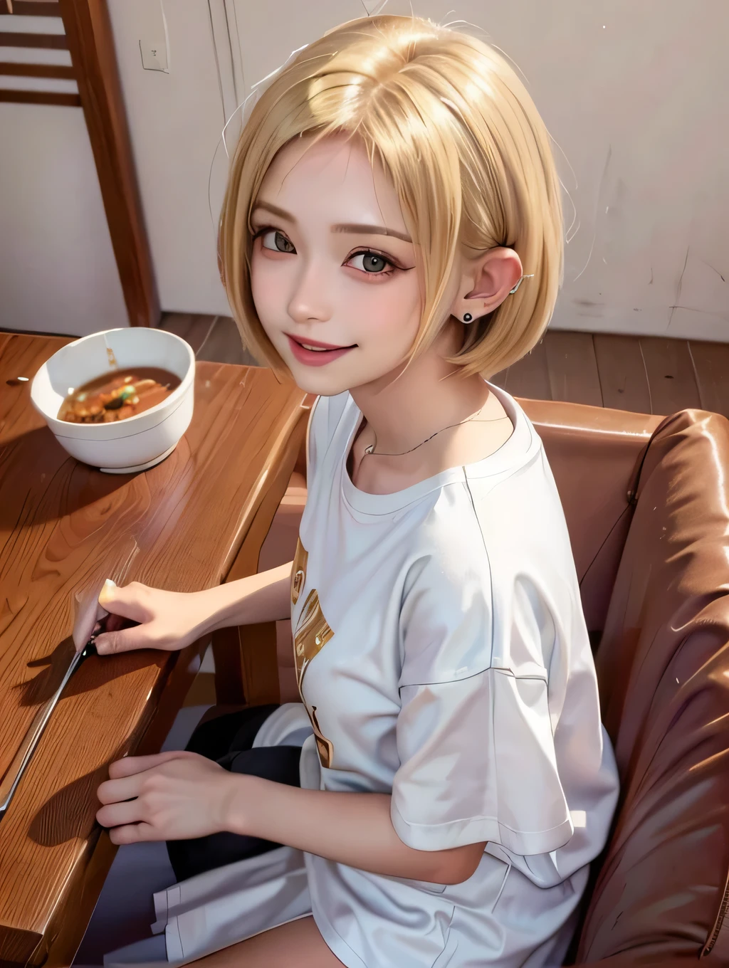 (masterpiece:1.2), {{1woman}}, ((pov)), ((portrait)), ((from side)), ((from above)), ((sitting on the sofa)), ((looking up)), ((look at viewer)), ((in the dining room)), ((curry on the table)), ((having spoon)), 21years old, ((gal)), ((blonde hair, bob cut)), ((big smile)), ((ear piercing)), ((embarrassed)), ((oversized shirt)), ((white panty)), Japanese