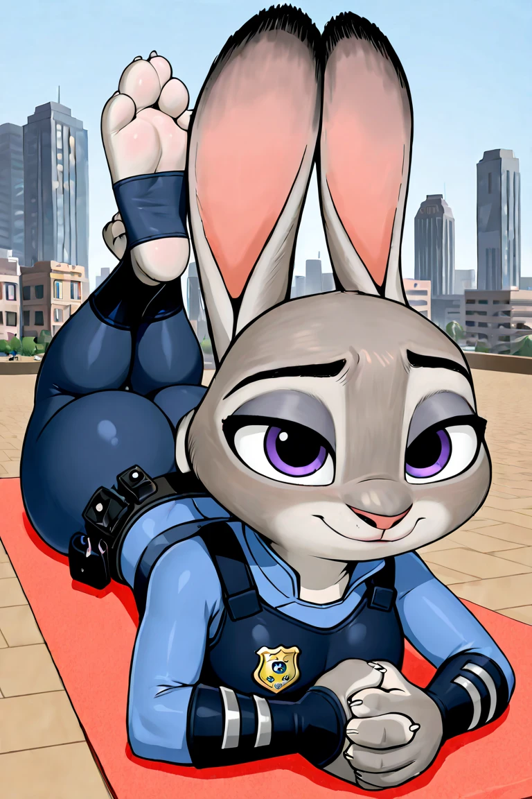 best quality, masterpiece, solo, 1girl, JudyHopps, police uniform, police hat, no pants, long socks, no panties, no pants, no shoes, black yoga pants