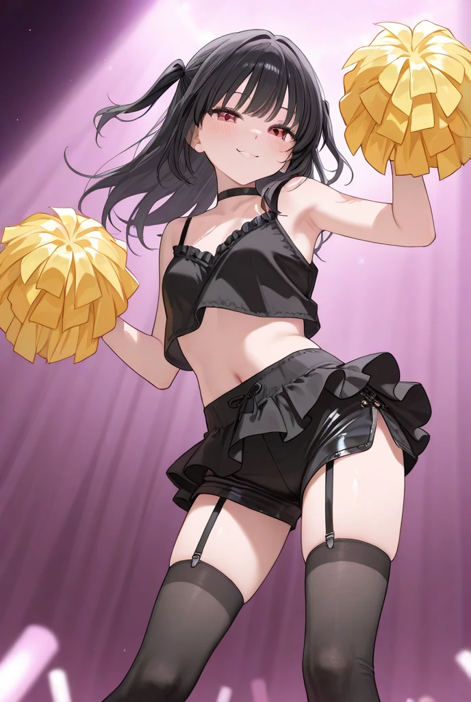 masterpiece, best quality, timerra, hair ornament, dark skin, {smirk}, cheerleader, standing on one leg, {leg_lift}, 1 girl, {{{standing_split}}}