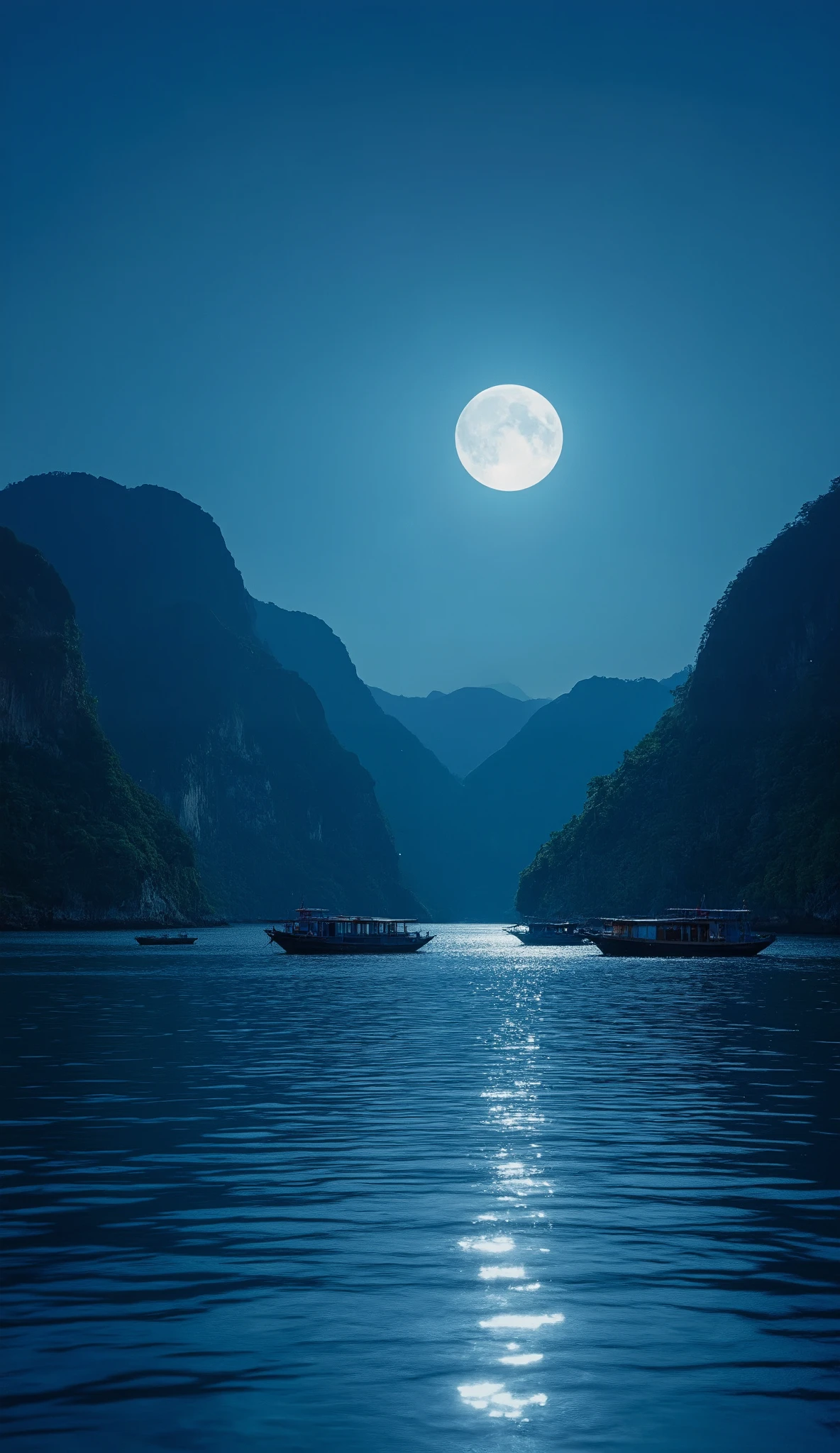High Definition Images、家のある  Vietnamの night view、 Halong Bay、  night viewとともに、  Vietnam、moon明かりで視界が良く良い景色、moon、The bay in front of me、quiet night、Colorful Scenery 、 Vietnamらしい船がいる、4K high detail digital art、  night view、Scenery that feels like watching from a house window、 4K detailed digital art、 Natural landscape at night  、Beautiful coast、 Beautiful 4K HD Wallpaper