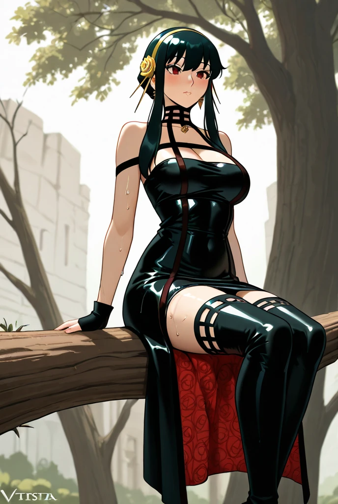 masterpiece, absurdres,hinata\(boruto\), 1girl,mature female, solo,smile, cleavage, large breasts, leather apron,suspenders,fishnets, fishnet top,  sweat. <lora:cutesexyrobutts_v2:0.8> <lora:Hinata[boruto]V2:0.6> <lora:fishnet_top:0.6>
