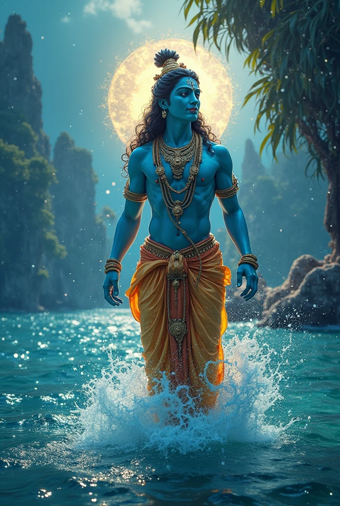 a divine hindu deity krishna ji, epic scene of krishna ji stopping a large water dragon in the sky, krishna ji on land, ultra-detailed, cinematic lighting, dramatic scene, highly detailed, masterpiece, photorealistic, sharp focus, vibrant colors, magical atmosphere, powerful energy, hindu mythology, spiritual, divine intervention, impressive scale, heroic pose, striking composition