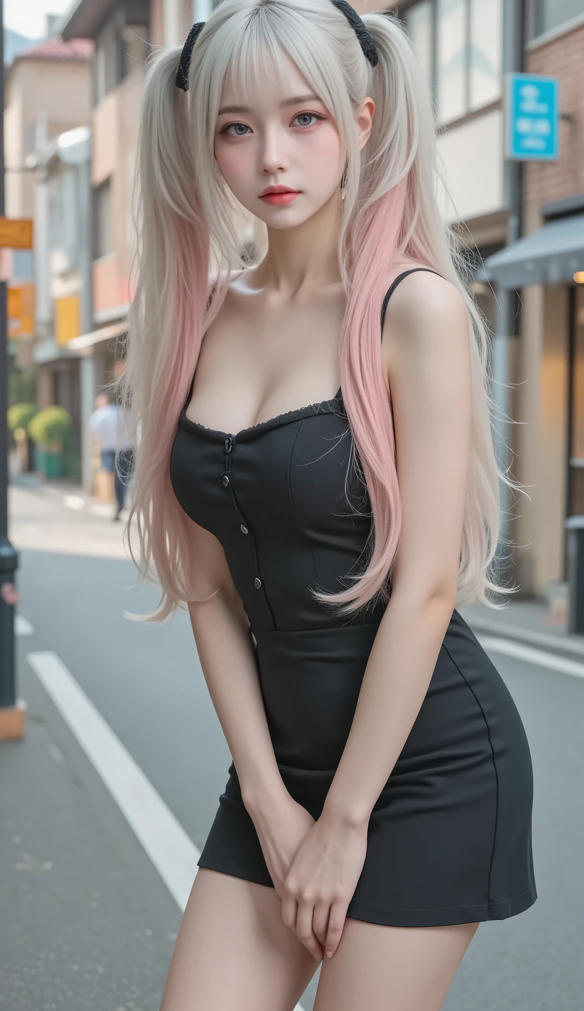 8k, masterpiece, top quality, RAW Photos, photorealistic,soft lighting, (1 girl, solo, long hair, bungs, white and pink gradient hair, gentle expression、Neat One Piece Dress, earrings、natural big breasts、black ankle strap pumps、confident poses、Little Edo Townscape Background,