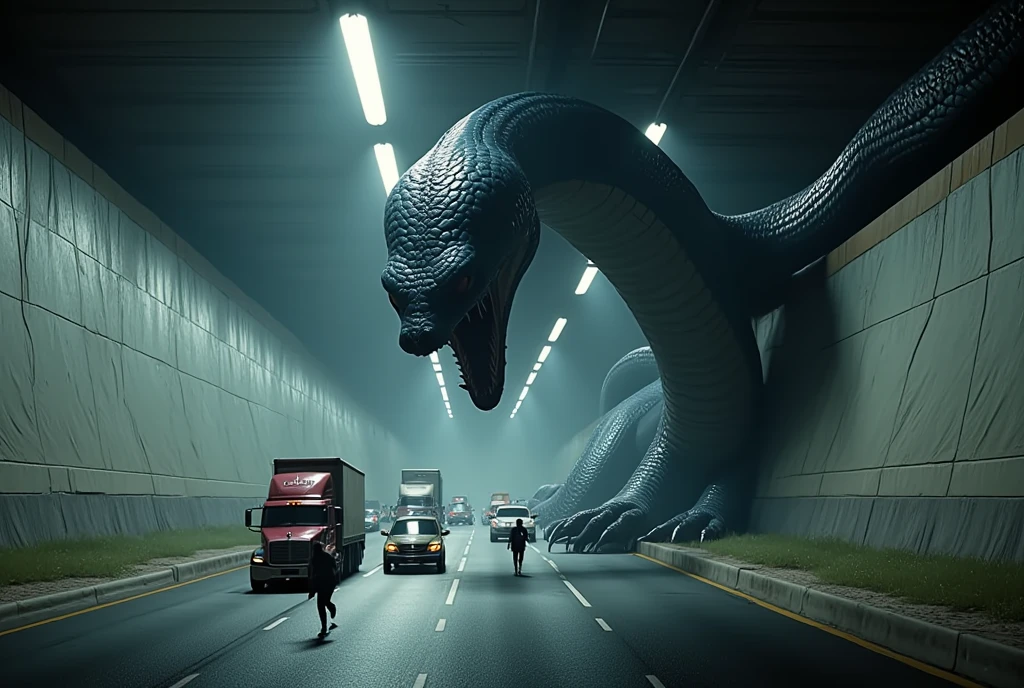 netflix movie screencap, giant-sized anthropomorphic dark-blue snake /(arms and legs like a human, mesnek, a few dark-yellow stars on the body)/ crawling through a confined highway tunnel, the gallery is illuminated by lights on the ceiling, with microscopic cars and trucks, wide-angle perspective emphasizing anthropomorphic giant size. The giant anthropomorphic dark-blue snake's back is bent and bent to be able to enter and pass the tunnel, some cars under the weight of the knees and hands are crushed and destroyed. microscopic people run away in panic to the exit of the tunnel. dramatic and smoky atmosphere. (on the face of the snake is painted absolute evil and hunger). (people run away in panic:1.8)
