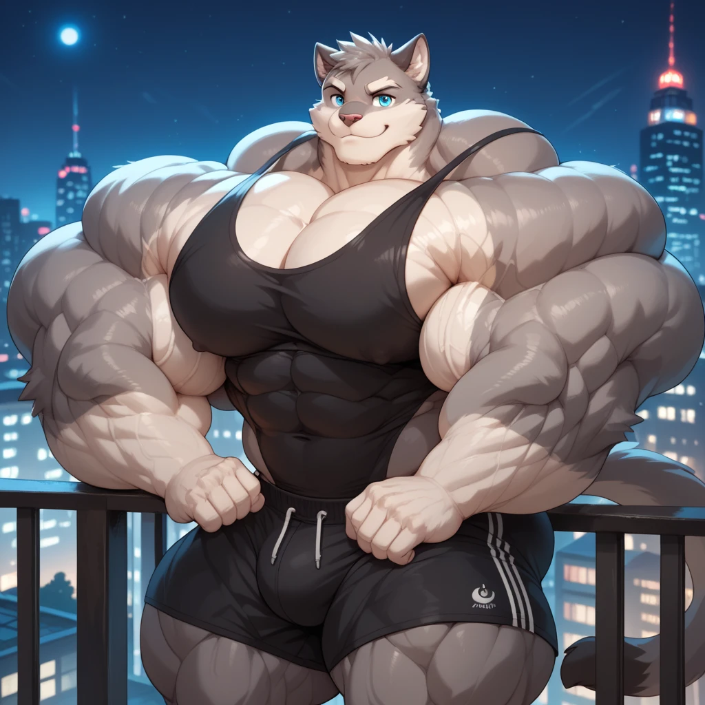 Solo, female, bear, brown fur, brown body, overweight, fat, massive breasts, strong, muscular, big bulge, detailed bulge, panties, bra, black hair, medium hair, messy hair, wavy hair, biceps, green eyes, detailed eyes, detailed hands, licking lips, smirking, evil expression, teeth, thick thighs, sweaty, steam, steamy, spaceship, cityscape, night