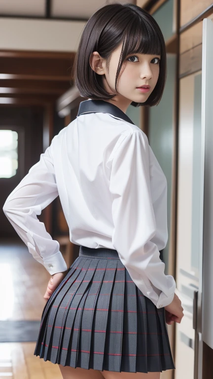 Ultra-realistic 8k CG,masterpiece,best quality,(photorealistic:1.4),HDR,Professional,official art,beautiful and aesthetic,(gray hair:1.21),short hair,(orange eyes:1.2), (earrings:1.1),cosplay,restaurant,<lyco:InstantPhotoX3:0.4>,<lora:add_detail:0.5>,<lora:neg_bdsqlsz_V2:1.3>,<lora:FilmVelvia3:0.5>, large breasts,school uniform, serafuku,black bowtie,from below,thighs,(panties:1.2),(zettai ryouiki:1.2), (EOS R8,50mm,F1.2,8K,RAW photo), <lora:fami:1.2>