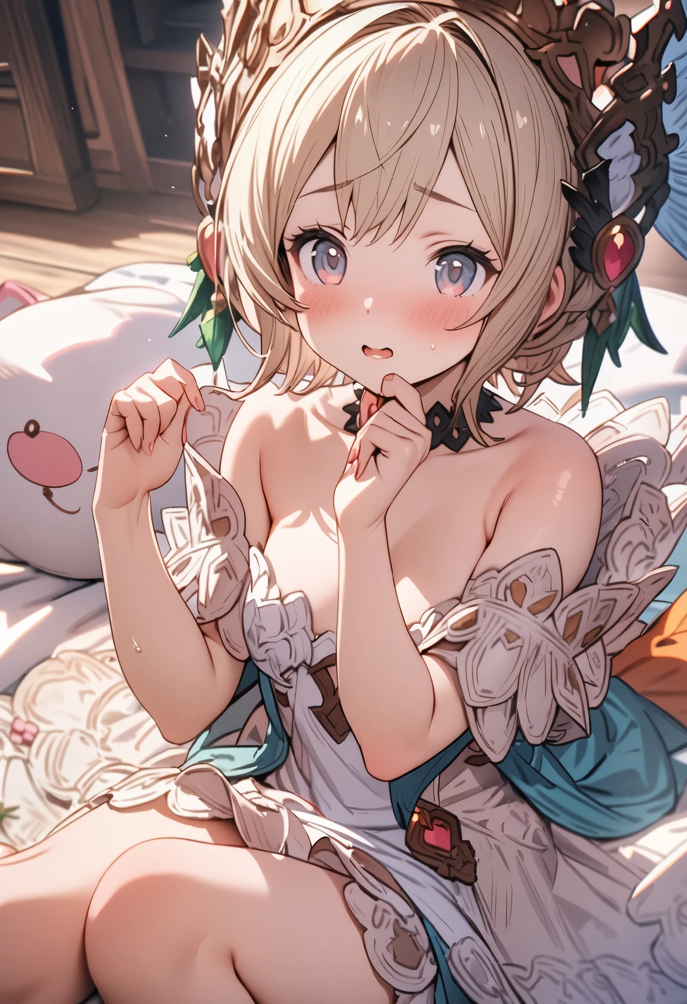 (((masterpiece, best quality, very aesthetic, absurdres))), High-definition background, bright atmosphere, (solo, 1girl), Morning Light in the Kitchen, KitchenRoom, ((large serving rices on table, rice balls, white rice,foods)), BREAK, (aananase), cleavage, (covering breasts:1.4, hand on own breasts, hand on own face, finger to mouth), long hair, twintails, drill hair, halo, fake animal ears, pointy ears, hairband, x hair ornament, [large breasts:0.6], (feathered wings), white dress, bowtie, belt, sleeveless, detached sleeves, white pantyhose, (looking at viewer:1.2), embarrass, blush, BREAK, breast press, bare breasts, bouncing breasts, puffy areola, puffy nipples