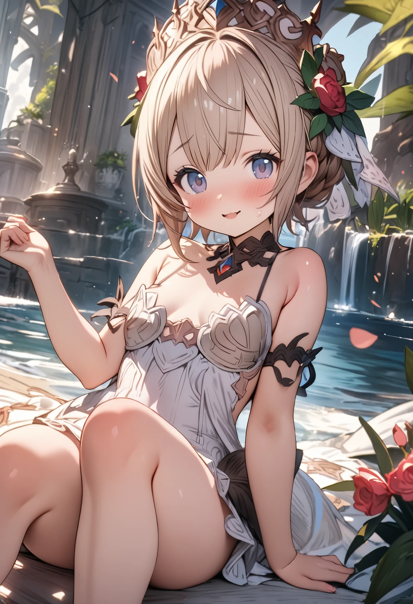 1 woman、Star Fairy、masterpiece、official art、very detailed、very beautiful、white straight short hair、baby face、knee high boots、wader grid pattern、Off-shoulder A-type dress、