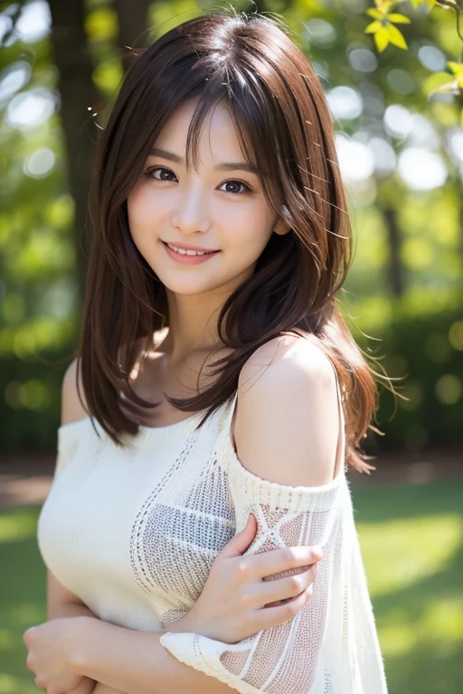 ((best qualtiy,8K,tmasterpiece:1.3)), 1girll, ssmile, full bodyesbian, Slim Faces, Beautiful woman, (dark brown hair),Semi-transparent chest binding:1.1, Super detailed face, Detailed eyes, 二重まぶた, blur backgroun, Slim Faces, 城市, do lado de fora, the street,half squatting,