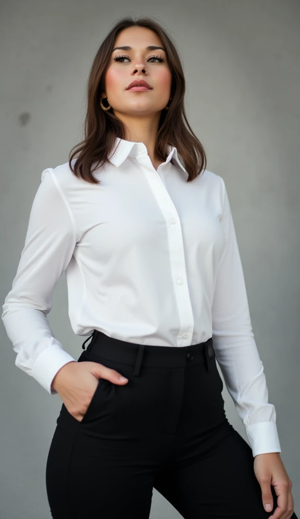 Genera un UHD 8k profesional, Full body photo of a redhead with brown eyes wearing a wet extra long white business shirt., make sure the shirt is wet, enorme, pechos firmes, slim abdomen, enorme hips. another blonde next to her with the same characteristics and another with light brown hair next to the other two with the same characteristics