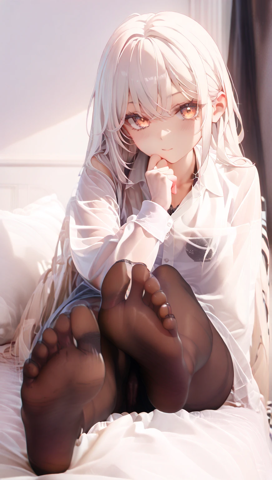 16-year-old teenage girl, thin, short height, big white shirt, black shorts, bare feet, sitting on sofa, long white hair and messy, Kozakura character in Urasekai anime, high quality masterpiece, languishing eyes, gray eyes