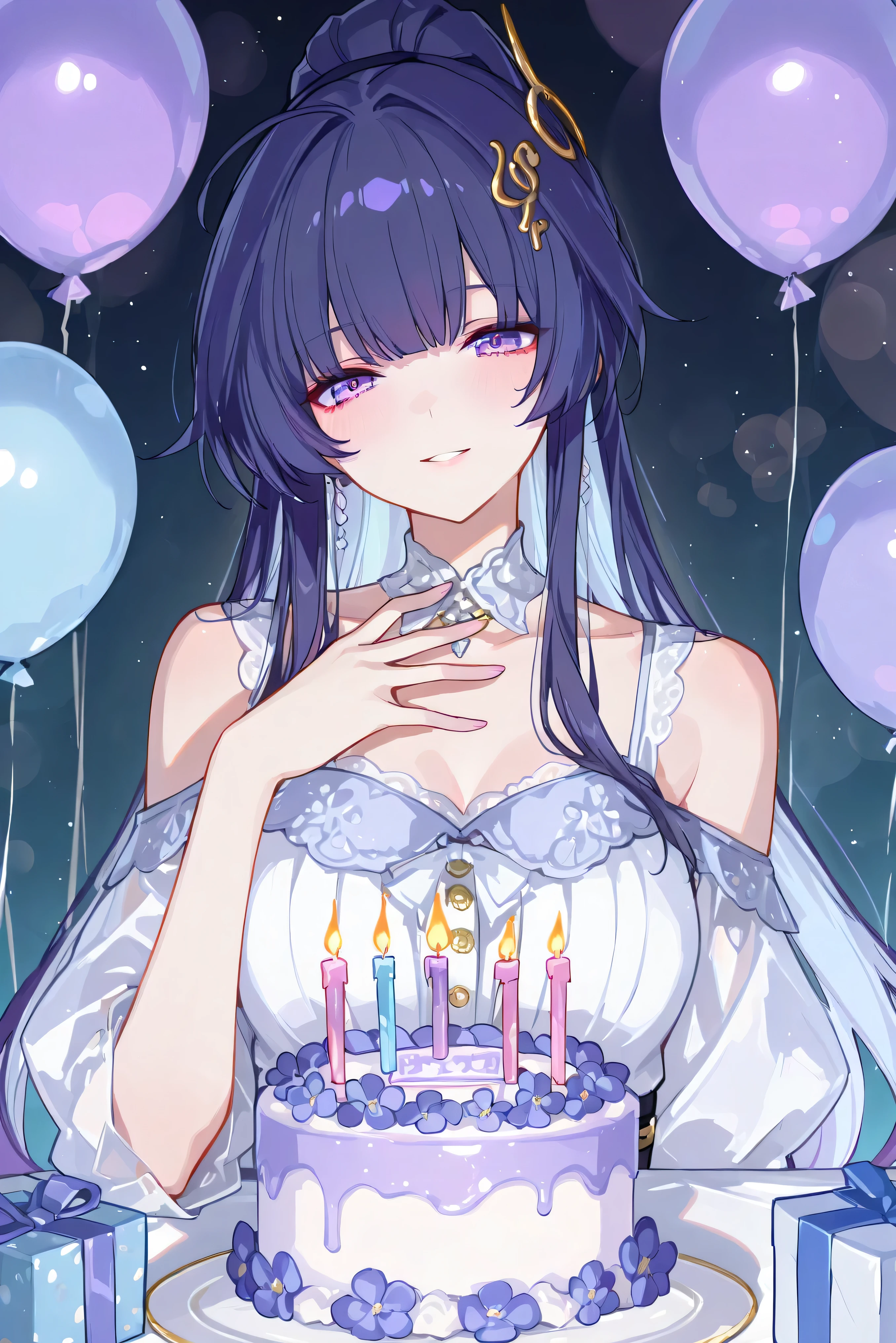score_9, score_8_up, score_7_up, masterpiece, best quality, very aesthetic, absurdres, tunning image, light particles, attractive image, solo, 1girl, adult grown woman, RMei, Fol005, RM_Hoo, raiden mei, purple hair, purple eyes, colored inner hair, light blue hair, masterpiece,best quality,amazing quality, 748cmstyle, 5 fingers, HAPPY BIRTHDAY, birthday, cake, candle, balloon, gift, birthday costume, high ponytail, alt hair ornament
