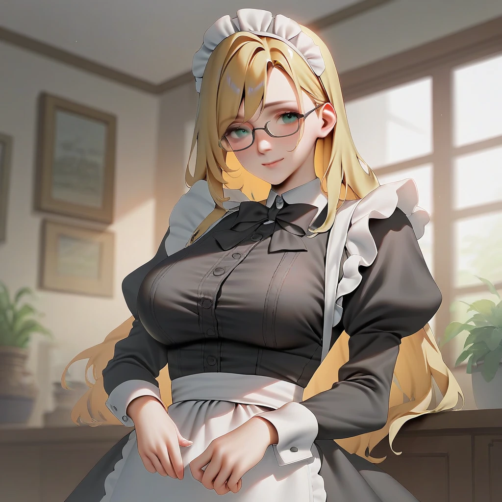 Generate my English teacher in a maid outfit she is blonde, with glasses , A beautiful sorinsa with a red lip, a 40 year old woman's body that is not very fat, with normal breasts but with a big butt and legs, make her a little fatter, She has long straight hair, now naked