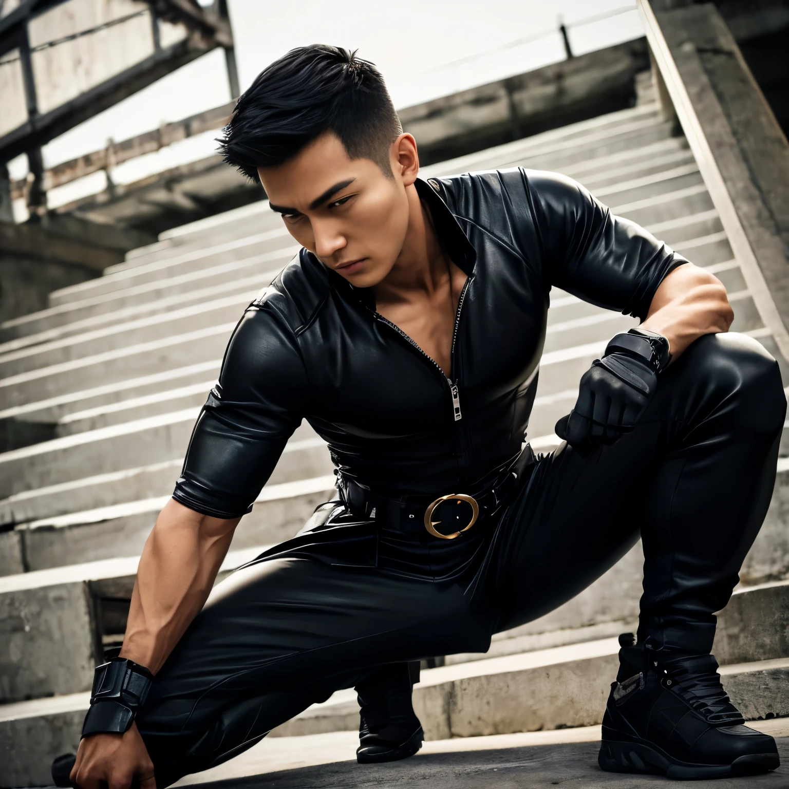 24 years old, One Man,、 black bodysuit、Shocker Belt、 Black gloves 、 Carrying a pistol on the waist、During combat、outside、  On concrete  、logic, , black hair、short hair。 非常にshort hair 、  handsome fighter 　Handsome asian face　   sniper   、Prey-Aiming Posture  、 viewed from below。 Upper Body Lift　Black leather pants　 pants zipper with a pistol on the waist 　Combatant　Down stairs　 Crouch