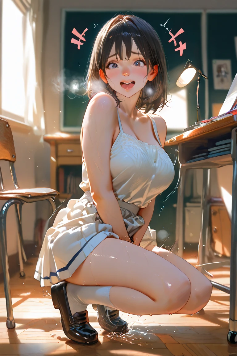 ((masterpiece)), ((best quality)), (ultra-detailed), ((extremely detailed)), 4K, (8K), best quality, (beautiful), anime style, full body, focus on the face, full body focus, from below, Live performance venue, a cute girl, 1girl, solo, idol, (squatting white panty shot:1.2), young entertainer, beautiful light brown hair, beautiful brown eyes, ((beautiful eyes)), short hair, light smile, shiny-glistening, gleaming,professional lighting