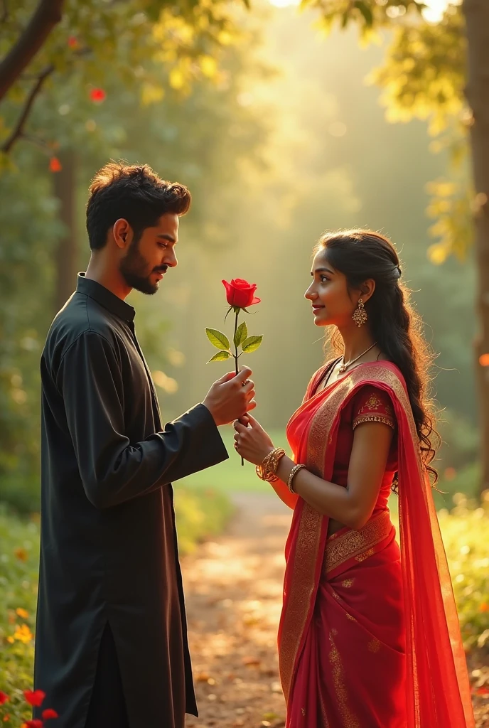 Beautiful girl wearing saree, proposing a boy with rose, he rejecting the proposal by breaking rose, he waer a tie shirt in the Shirt he's name was showed large front and it was Sayem. Take this shot from back