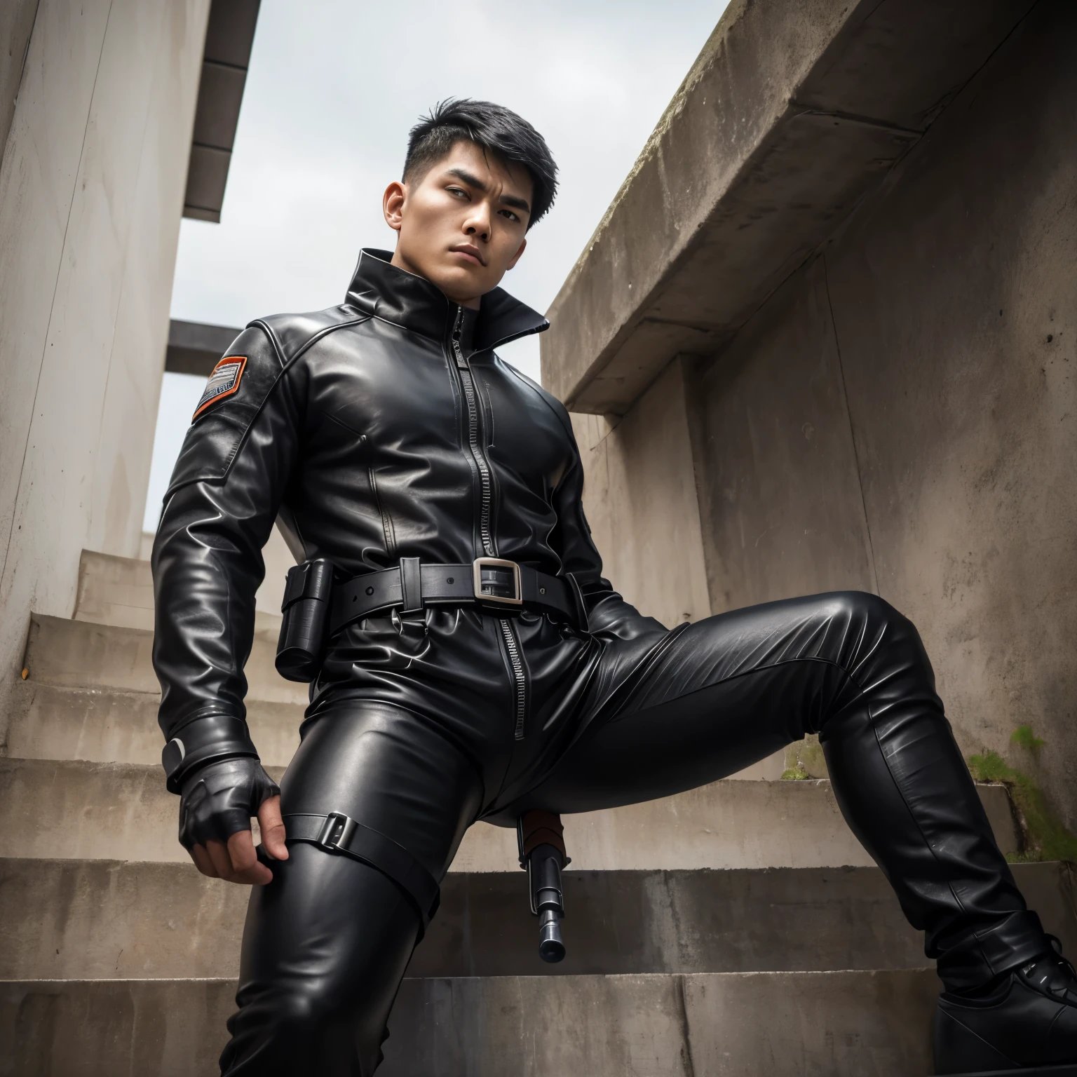 ((best quality)), ((masterpiece)), (detailed)male,Crotch bulge,Handsome youth,Wearing Ultraman Tiga tight leather jacket,After being defeated, he fell into the mud swamp。