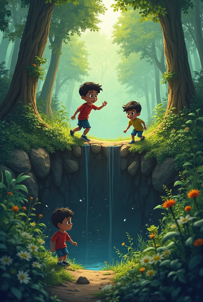Two boys in the forest in one boy tree up set