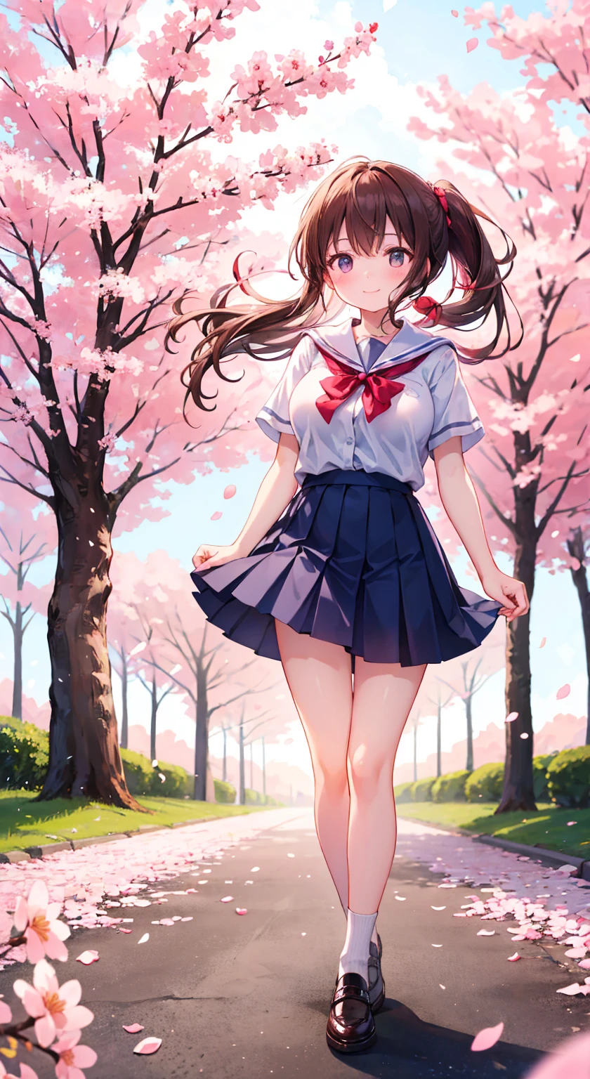 tits out、panties masterpiece, top-quality, hight resolution, ighly detailed, 细致背景, 电影灯光, 1girl in, cute little, medium chest, 校服, skirt rift, Public obscenity, looking at the viewers, 建筑, outside of house, cherry trees, bokeh dof,