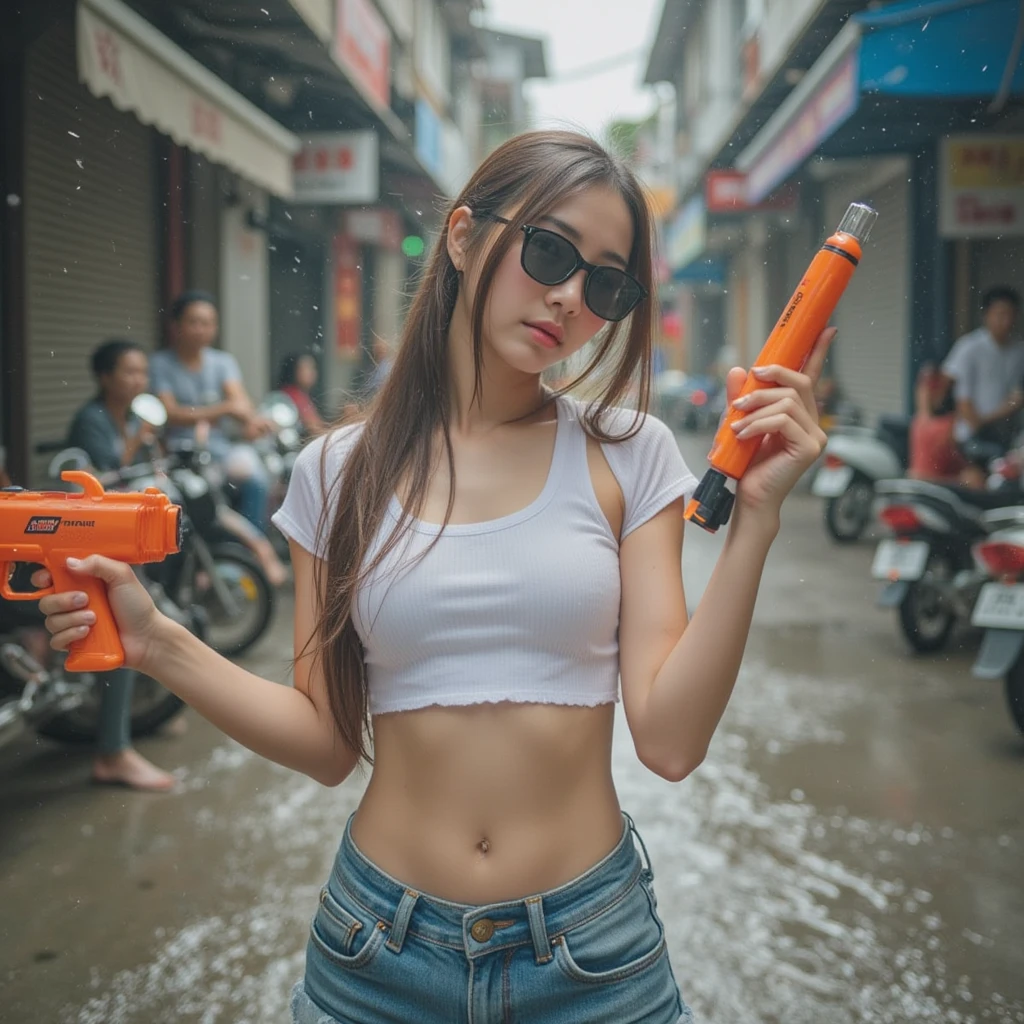 ((best quality)), ((masterpiece)), (detailed), perfect face, Photorealistic, High resolution, Soft light, hips up high, (Detailed face), (many tattoos:1.3), pistol or knife, mini shredded skirt, Jewelry, (street wear:1.2), (night:1.3), small shredded outwear, special clothes 42, loose transparent clothes, late night street background, An eye that invites the viewer, Lover's perspective, inviting expression, Sexy smile, Perfect Style, Perfect balance, Detailed skin, Naughty gaze, Chest visible, (well toned abs:1.3), (from head to knee:1.4), small face, sweat, sexy visble veins, (messy curvy hair:1.2), hair over one eye, small curvy breast, breast cleavage, detailed shiny hair, earrings, neclace, jewelry, lips biting, shredded clothes, (wet:1.2), 2 girls, futuristic background, bracelet, cyberpunk, raining, boyish, (very long ponytail:1.2), sexy mechanic working, back light, fine shadowing, sexy oblique muscle lines, slightly dirty, (ice cream:1.1), spanner, cute cat ears, cute hairy tail