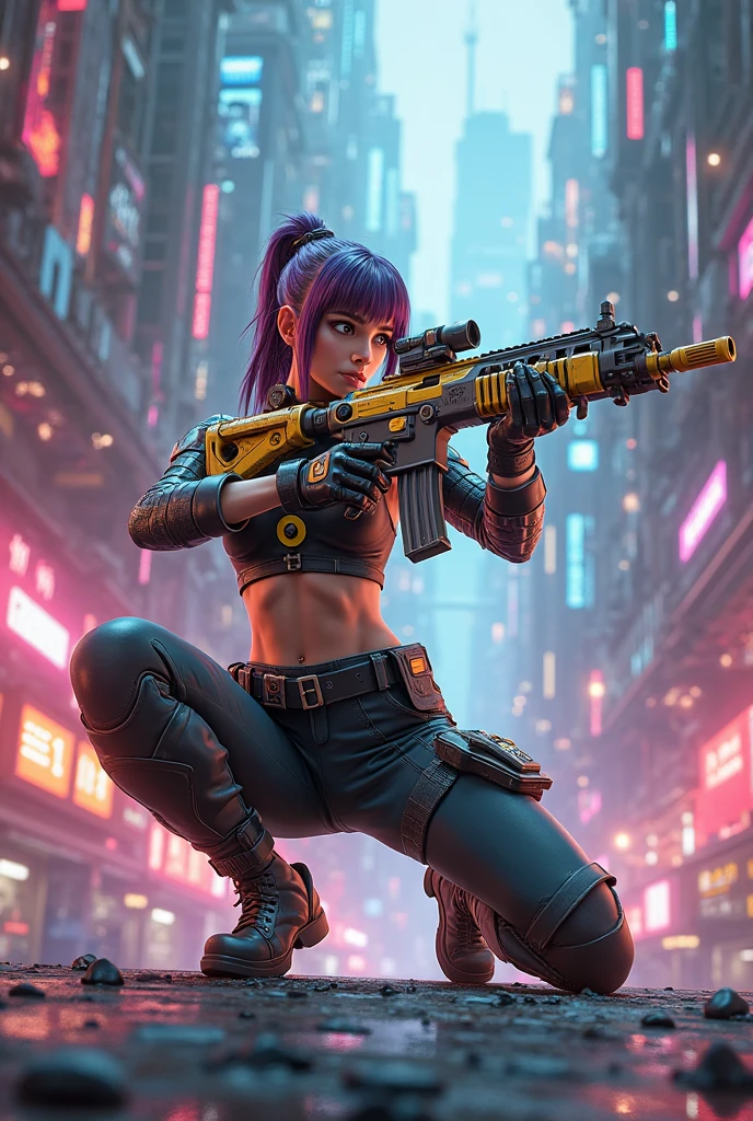 20 years old female, realistic, (1 cyberpunk), ((super realistic details)), global illumination, shadows, octane rendering, 8k, super sharp, highly complex details, realistic light, CGsociety trends, neon details, sideways, city background, (chase, run, full body, run), cold expression, serious, dynamic, leap, neon, next-generation weapon, smoke light effect, (laser weapon, beam weapon), blue gradient sunglasses, street floor